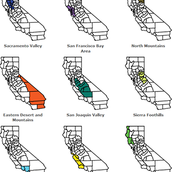 Maps of different regions of California from the California agritourism directory