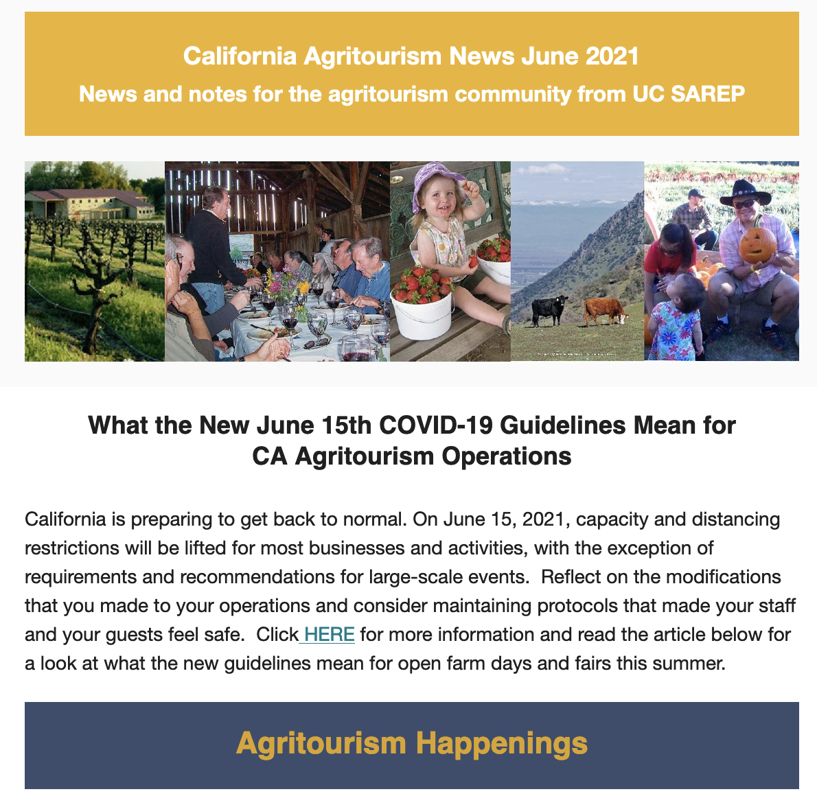 Screenshot of a recent California agritourism newsletter by UC SAREP