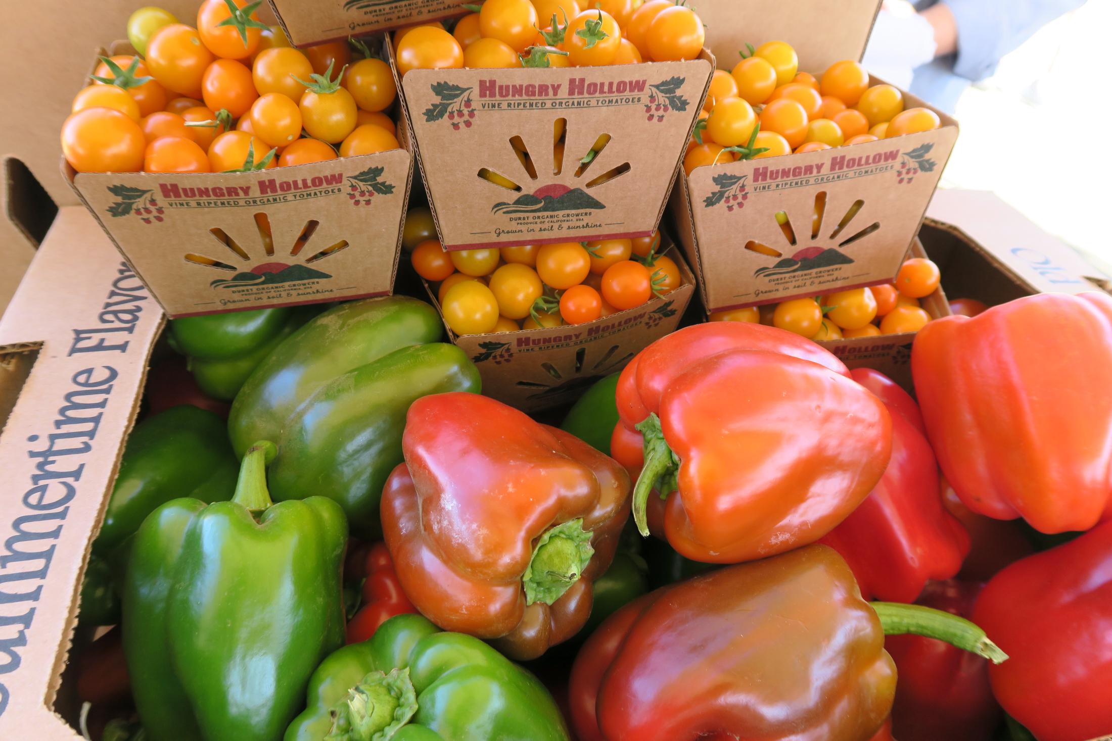 Tomatoes and peppers on display