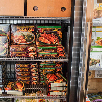 Freezer containing prepared meals in a campus food pantry