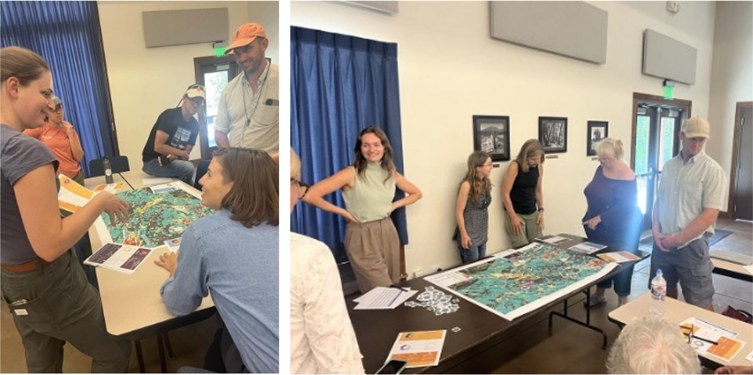 People gathered around a table with a farm map gameboard