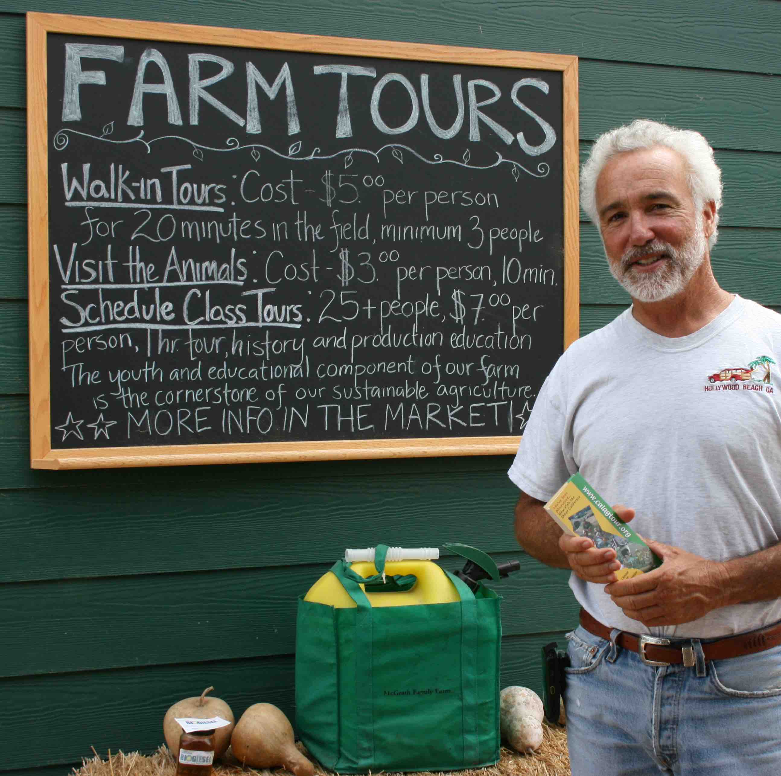 man standing in front of farm tours sign