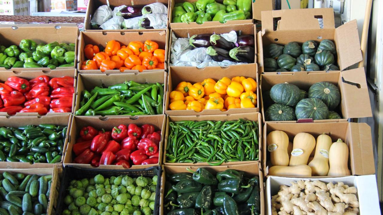 Boxes of produce at a wholesale market