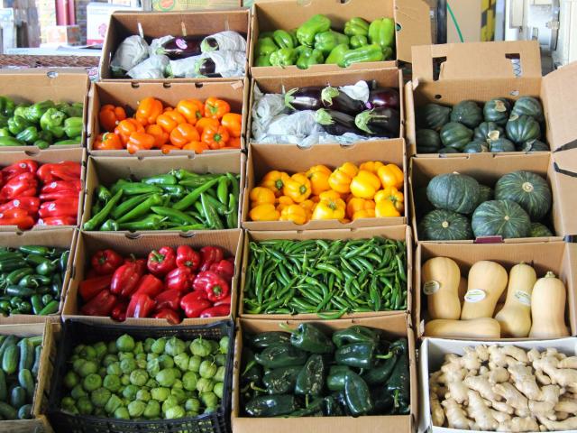 boxes of produce at a wholesaler