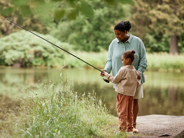 Mother and child fishing